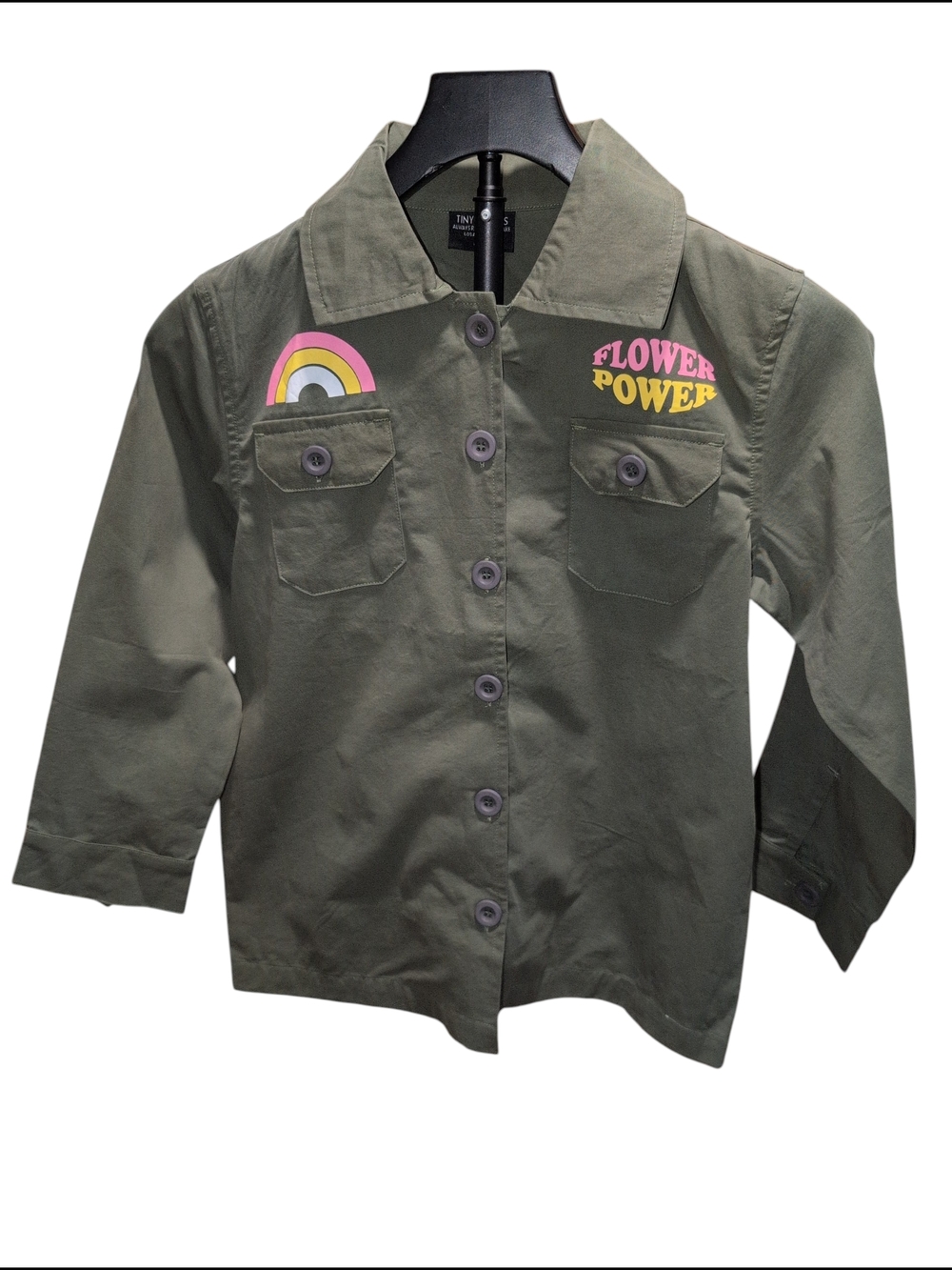 Tiny Whales Kids Olive Green Flower Power Rainbow Button Down Shirt 10Y